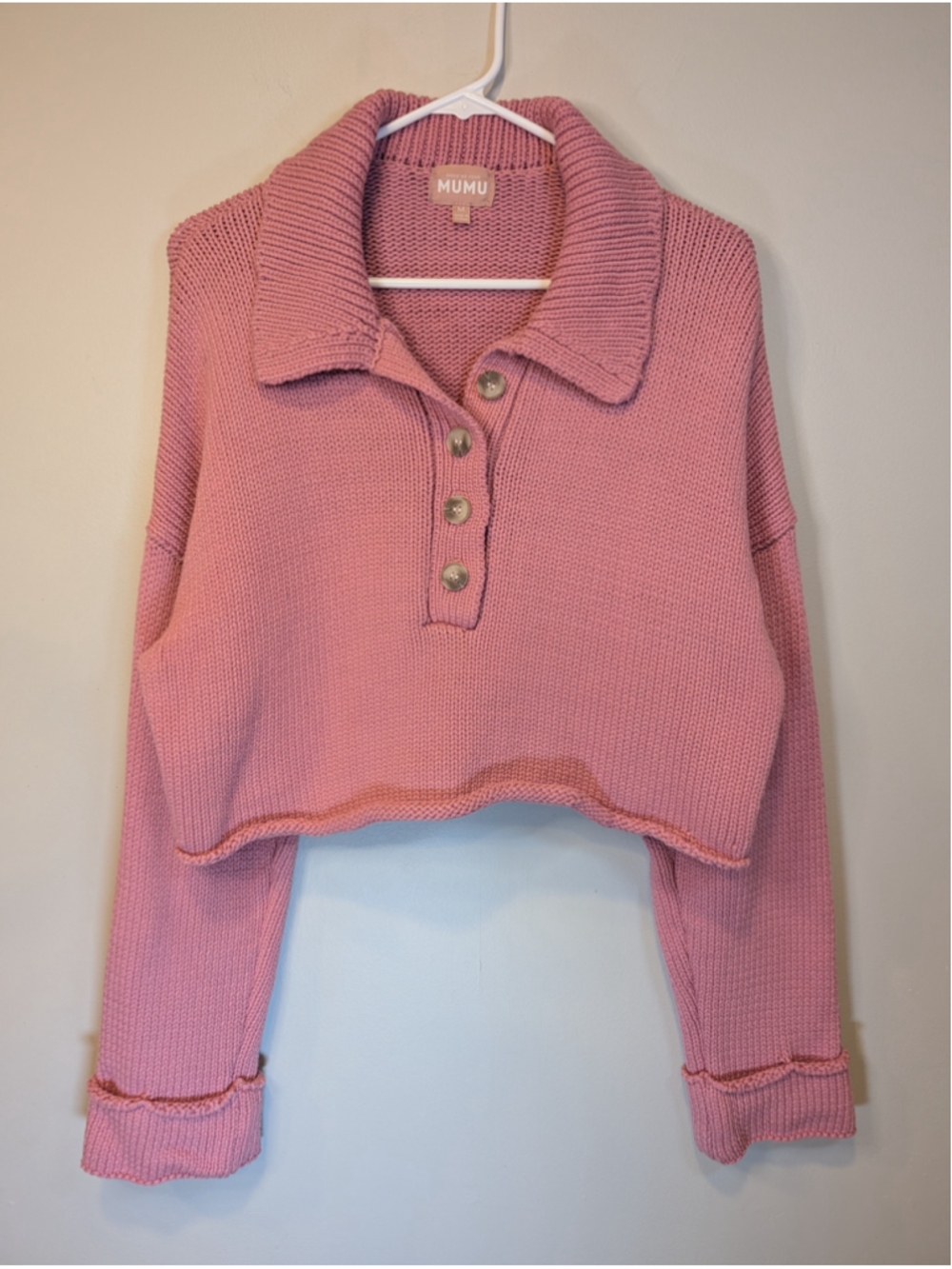 Show Me Your Mumu Crawford Collared Sweater Pink Knit Cropped Medium M Boho